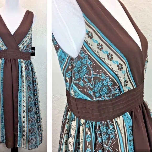 Sandra Darren Floral Brown & Aqua Boho Sleeveless V Neck Cocktail Party Dress 12 - Picture 4 of 16